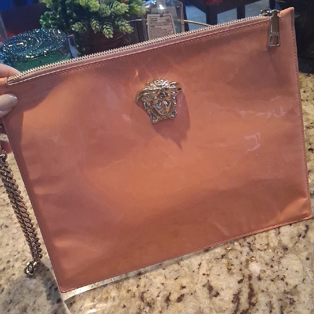 Versace Peach Pantent Leather Pouch /Wristlet with Gold Medusa Accent EUC